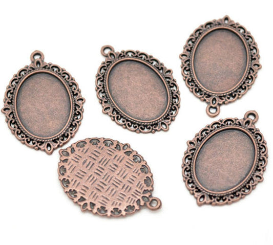 P129 - 10 pcs. Antique Copper Oval Pendant Picture Photo Frame Bezel Setting Pendants Charms - 25mm x 18mm Glue Pad for Cabochons - 25x18mm