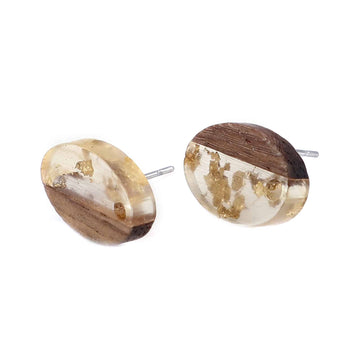 E817 - 6 pcs Wood and Resin Alloy Earring Posts Studs Tacks - 15mm Oval - Silver Tone - Gold Metal Foil - Hole: 2mm - Rubber Backs Included!