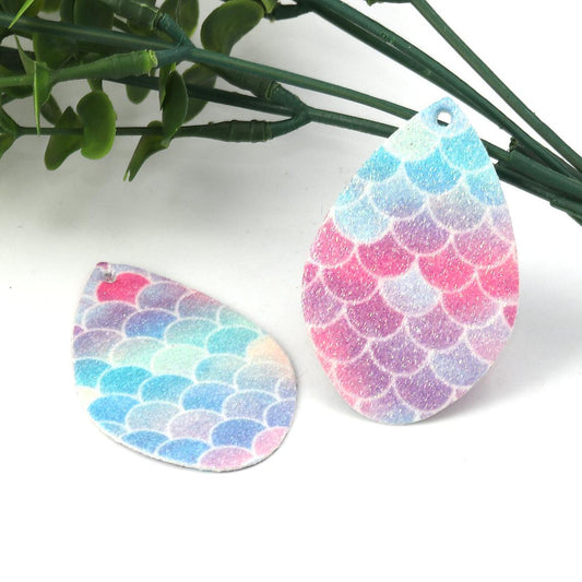 P896 - 10 pcs Multicolor Mermaid Scales Faux Leather Dangle Pendants - Sparkle - Teardrop - 55mm (2.2") - Double Sided
