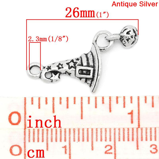 P180 - 20 pcs. Antique Silver Wizard Witch Hat Pumpkin Halloween Dangle Charms Pendants - 26mm x 14mm
