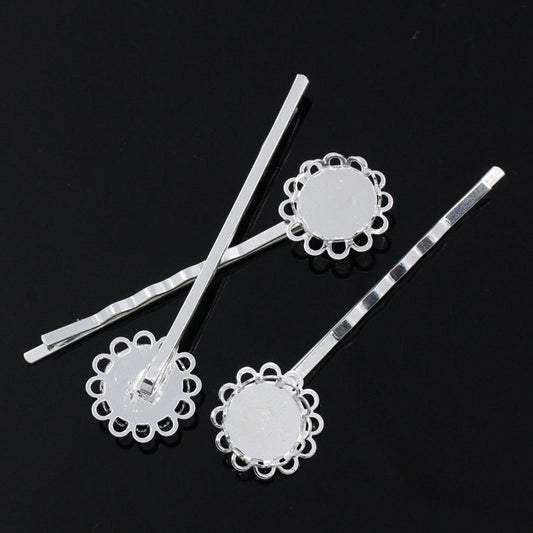 H044 - 10 pcs. - Silver Plated Hair Bobby Pins Cabochons Bezels - 62mm x 17mm (2.45" x 0.67") - 12mm Glue Pad - SMALL Flower Design