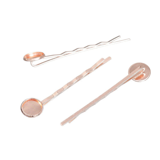 H039 - 10 pcs. - Rose Gold Plated Hair Bobby Pins Cabochons Bezels - 59mm x 12mm (2.32" x 0.47") - 10mm Glue Pad