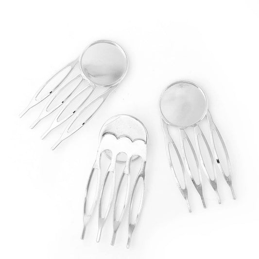 H011 - 10 pcs. - Silver Tone - Light - Hair Combs Clips Cabochons Bezels - 20mm Glue Pad