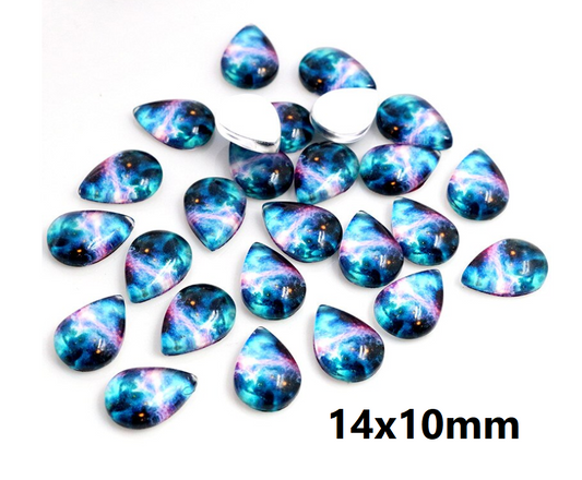 GT007 - 10 pcs Teardrop Galaxy Glass Dome Seals Tiles Cabochons - 14mm x 10mm