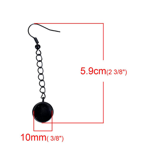 E032 - 2 pcs (1 pair) Black Earring Dangle Hooks Settings Bezels Cabochons - 10mm Glue Pad Setting - 59mm (2 3/8") x 12mm (1/2")