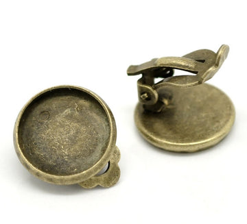 E195 - 20 pcs. Antique Bronze Earring Clips Settings Hinged Bezels Cabochons - 12mm Glue Pad Setting