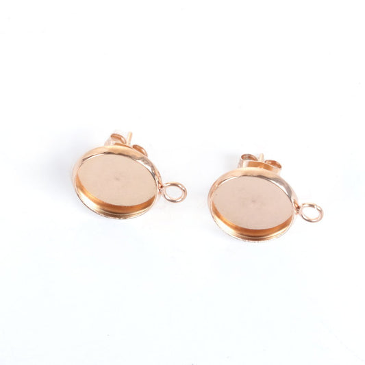 E243 - 10 pcs. 304 Stainless Steel Rose Gold Plated Earring Posts Studs Settings Bezels Cabochons Tacks with Loop - 12mm Glue Pad Setting