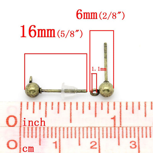 100 pcs. (50 pairs) Antique Bronze Earring Ball Posts Settings with Loop - 16mm x 6mm - Rubber Backs Included!