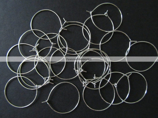 W010 - 100 Silver Plated Wine Charm/Earwire Hoop Rings - 30mm -20 Gauge