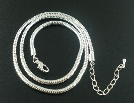 N084 - 2 pcs. Silver Plated Snake Chain Necklaces with Lobster Clasp 17.7" (45cm) - (3mm) - Fits European Beads and Large Hole Beads-Made of Copper