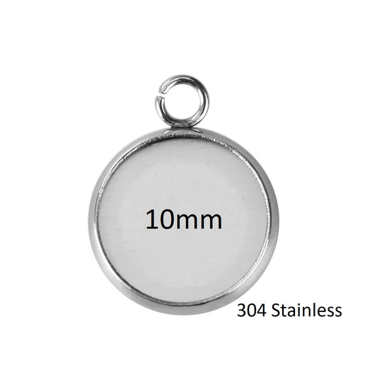 P507 - 10 pcs. 304 Stainless Steel Circle Settings Bezels Cabochons Pendants Trays - 10mm Glue Pad Setting - Tarnish Resistant!