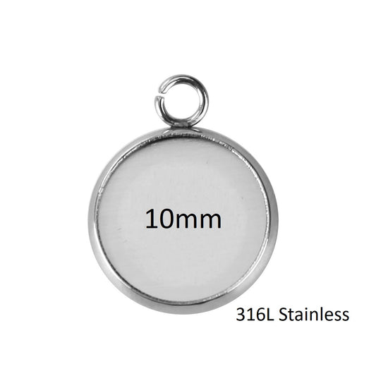 P292 - 10 pcs. 316L Surgical  Stainless Steel Circle Settings Bezels Cabochons Pendants Trays - 10mm Glue Pad Setting - Tarnish Resistant!