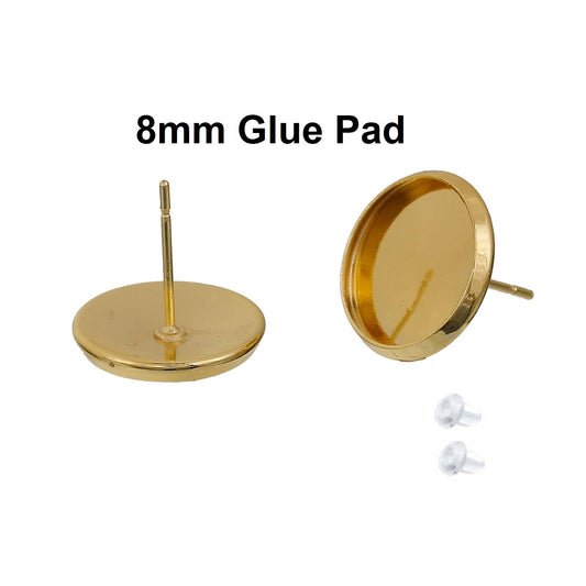 E139 - 10 pcs. Golden Tone Gold Earring Posts Studs Settings Bezels Cabochons Tacks- 8mm Glue Pad Setting - Includes Rubber Backs! Made of Brass