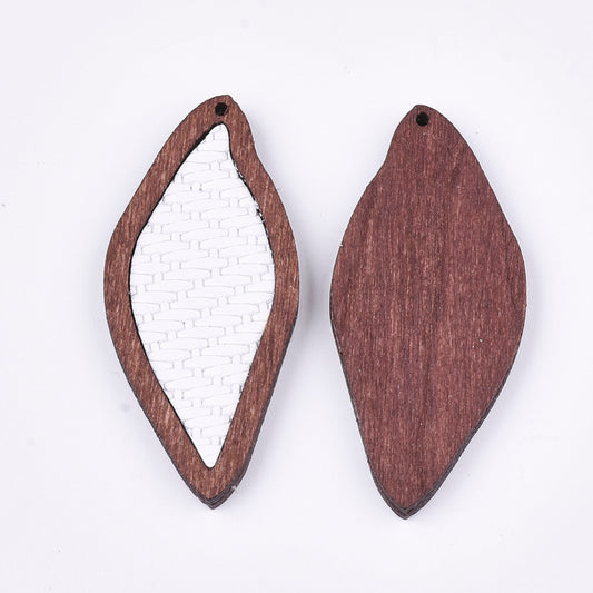 P3549 - 4 pcs. White REAL Leather Cowhide over Wood Dangle Pendants - Rattan - Leaf - 50mm (2") - Great for Earrings or Dangles!