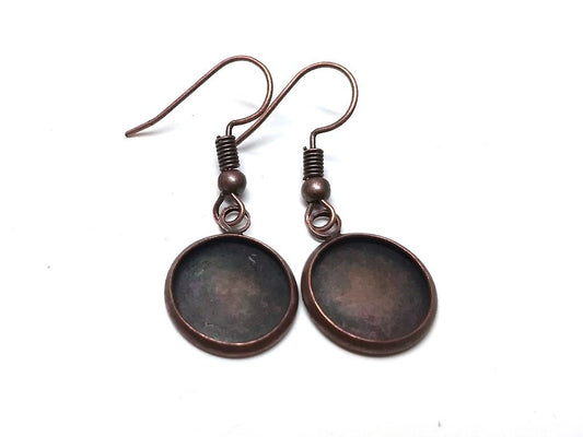 E129 - 10 pcs. Antique Copper Earring Dangle Hooks Settings Bezels Cabochons - 12mm Glue Pad Setting - Single Sided