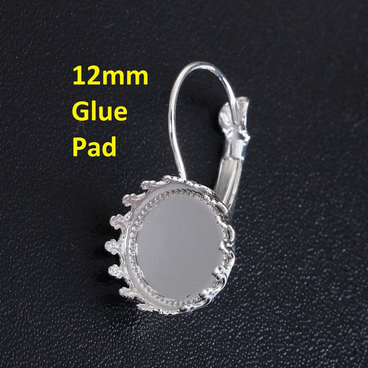 E244 - 10 pcs. Silver Plated Earring Clips Settings Lever Back Bezels Cabochons - 12mm Glue Pad Setting - Tiara Style