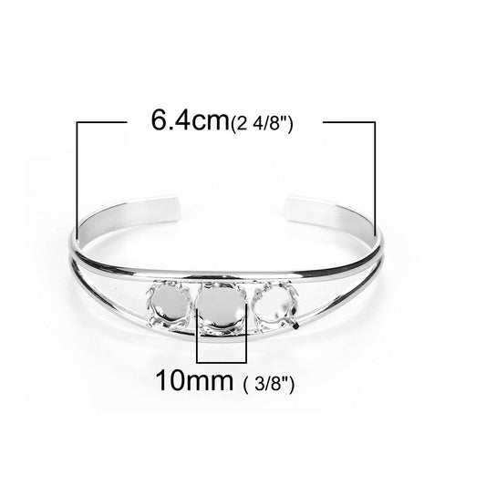 B032 -1 pc. Silver Tone Open Cuff Bangle Bezel Cabochon Bracelets - 10mm and 8mm Glue Pad - Made of Copper! 17.5cm (6 7/8")