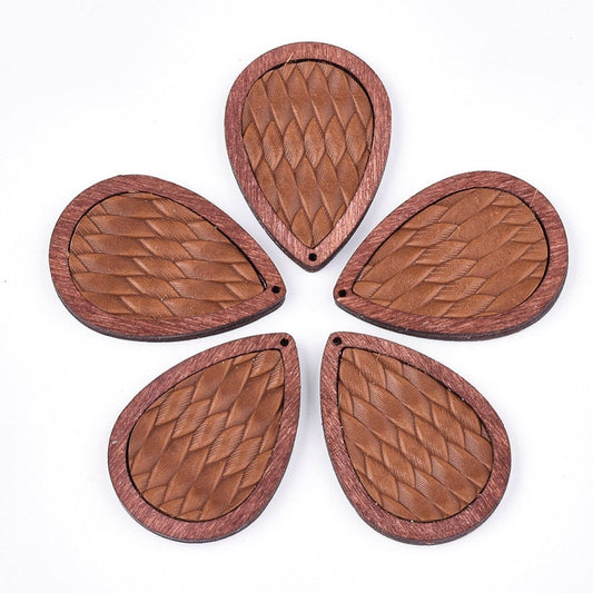 P2105 - 4 pcs. Brown REAL Leather Cowhide over Wood Dangle Pendants - Rattan - Teardrop - 46mm (1.81") - Great for Earrings or Dangles!