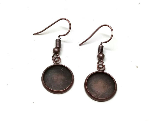 E129 - 10 pcs. Antique Copper Earring Dangle Hooks Settings Bezels Cabochons - 12mm Glue Pad Setting - Single Sided