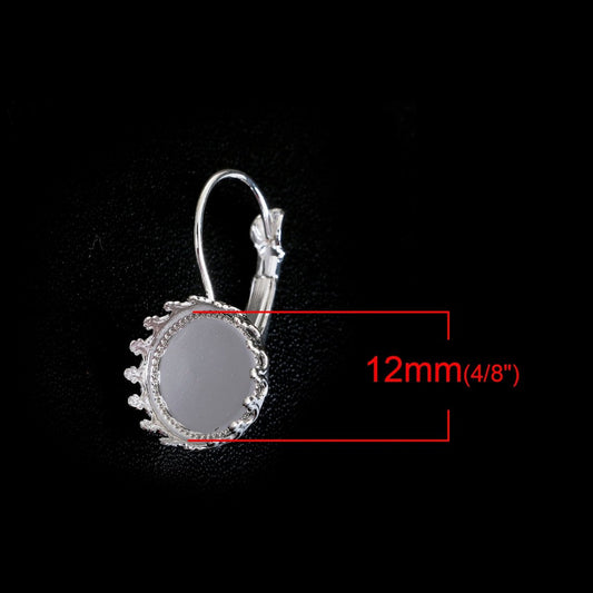 E244 - 10 pcs. Silver Plated Earring Clips Settings Lever Back Bezels Cabochons - 12mm Glue Pad Setting - Tiara Style