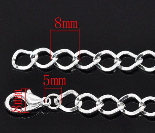 B011 - 10 pcs. Silver Plated Chain Link Bracelets with Lobster Clasps - 7 7/8 in (20 cm) - Style D - Claw Clasps