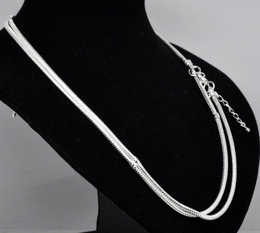 N085 - 2 pcs. Silver Plated Snake Chain Necklaces with Lobster Clasp 19.7" (50cm) - (3mm) - Fits European Beads and Large Hole Beads - Claw Clasps