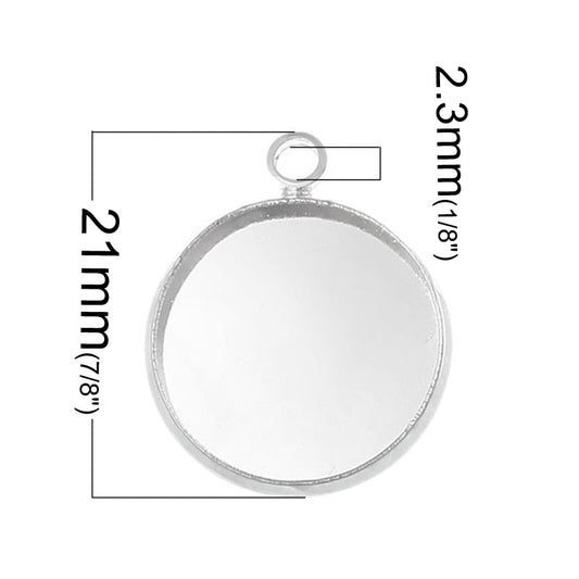 P482 - 10 pcs. Silver Plated Pendant Circle Posts Settings Bezels Trays Cabochons - 16mm Glue Pad Setting - Parallel Loop
