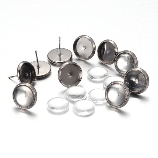 E070 - 20 pcs. Gunmetal Earring Posts Settings Studs Bezels Cabochons with Glass Tiles - 10mm Glue Pad Setting - 10 tiles, 10 earring blanks