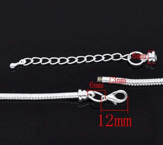N085 - 2 pcs. Silver Plated Snake Chain Necklaces with Lobster Clasp 19.7" (50cm) - (3mm) - Fits European Beads and Large Hole Beads - Claw Clasps