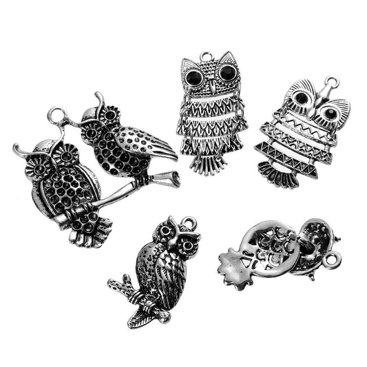 P608 - 5pcs. Antique Silver Owl Assortment Charms Pendants - 37mm (1.46") - LARGE