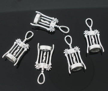 P009 - 10 pcs. Antique Silver Wine Corkscrew Tool Charms Pendants - 27mm X 11mm