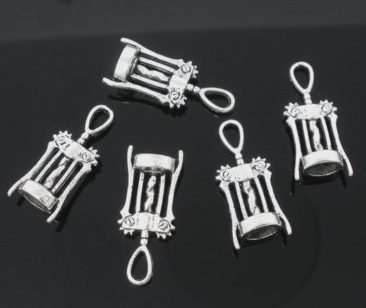 P009 - 10 pcs. Antique Silver Wine Corkscrew Tool Charms Pendants - 27mm X 11mm