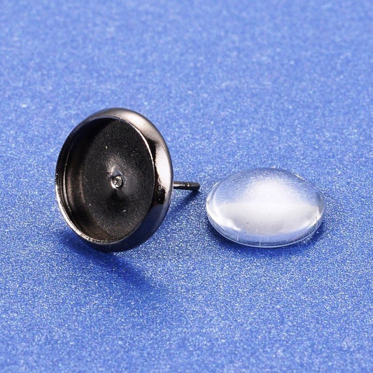 E070 - 20 pcs. Gunmetal Earring Posts Settings Studs Bezels Cabochons with Glass Tiles - 10mm Glue Pad Setting - 10 tiles, 10 earring blanks