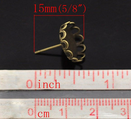 E106  - 50 pcs. Antique Bronze Earring Posts Settings Bezels Cabochons Tacks- 12mm Glue Pad Setting - Crown Design
