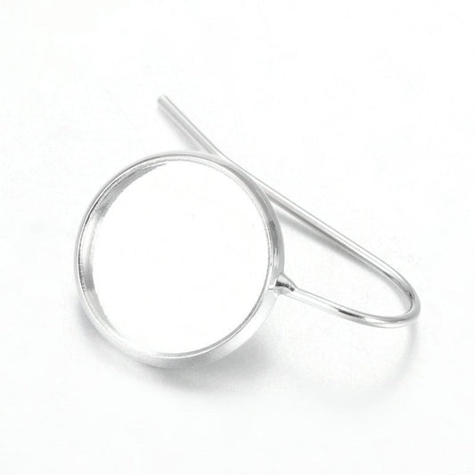 E218 - 10 pcs. Silver Tone Earring Hooks Settings Bezels Cabochons - 12mm Glue Pad Setting - Platinum - 22mm x 14mm