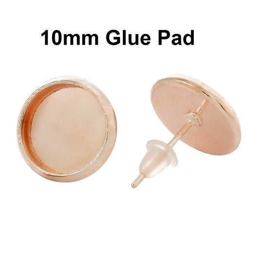 E276 - 30 pcs. Rose Gold Plated Earring Posts Studs Settings Bezels Cabochons Tacks- 10mm Glue Pad Setting