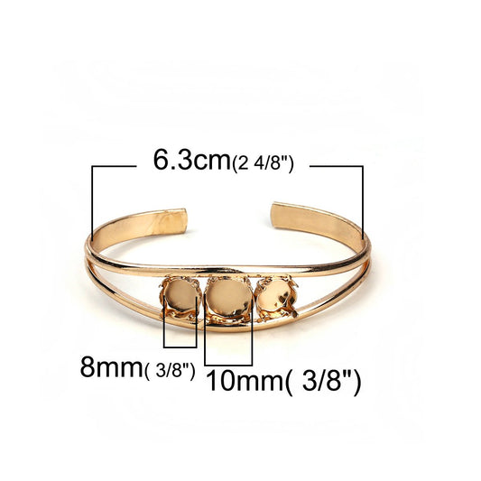 B033 - 1 pc. Gold Plated Open Cuff Bangle Bezel Cabochon Bracelets - 10mm and 8mm Glue Pad - Made of Copper! 17.5cm (6 7/8")