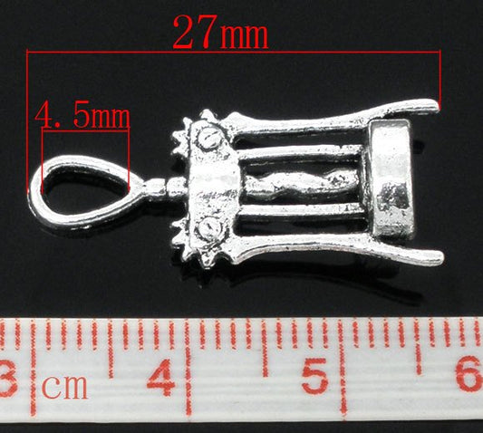 P009 - 10 pcs. Antique Silver Wine Corkscrew Tool Charms Pendants - 27mm X 11mm