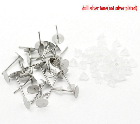E054 - 500 pieces (250 pairs) Silver Tone Earring Posts/Bases/Studs/Settings with Rubber Backs - 12mm x 6mm