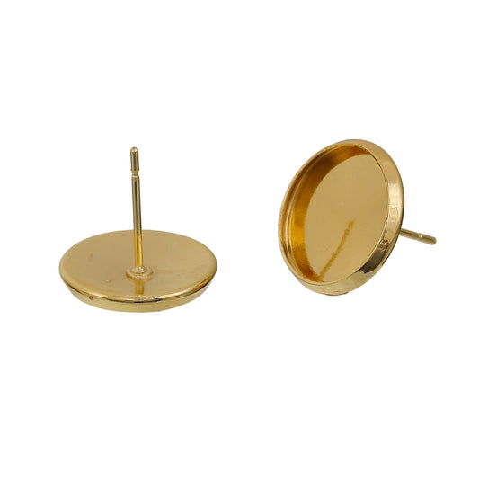 E141 - 10 pcs. Gold Plated Earring Posts Settings Bezels Cabochons Tacks- 14mm Glue Pad Setting