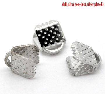 BA037 - 200 pcs. Silver Tone Textured Ribbon Crimp End Caps - 8mm x 6mm