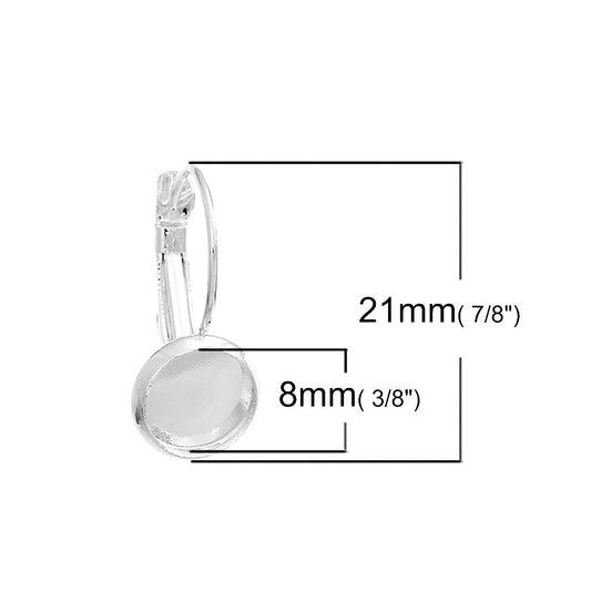E033 - 10 pcs. Silver Plated Earring Clips Settings Lever Back Bezels Cabochons - 8mm Glue Pad Setting