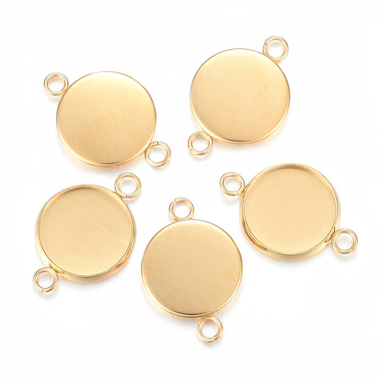 P1182 - 5 pcs. 304 Stainless Steel Golden Circle Round Bezel Cabochon Cameo Connector Tags Trays - 25mm Glue Pad (1 inch) - Tarnish Resistant!