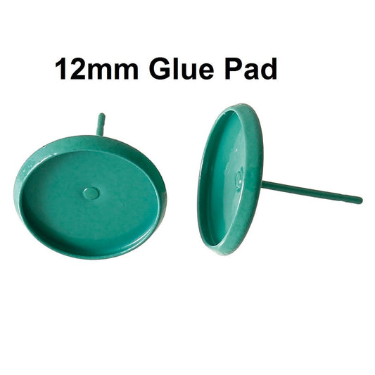 E219 - 50 pcs. Aqua Teal Earring Posts Studs Settings Bezels Cabochons Tacks- 12mm Glue Pad Setting