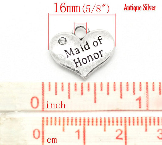 P001 - 4 pcs. Antique Silver "Maid of Honor" charm with rhinestone- 16mm X 14mm