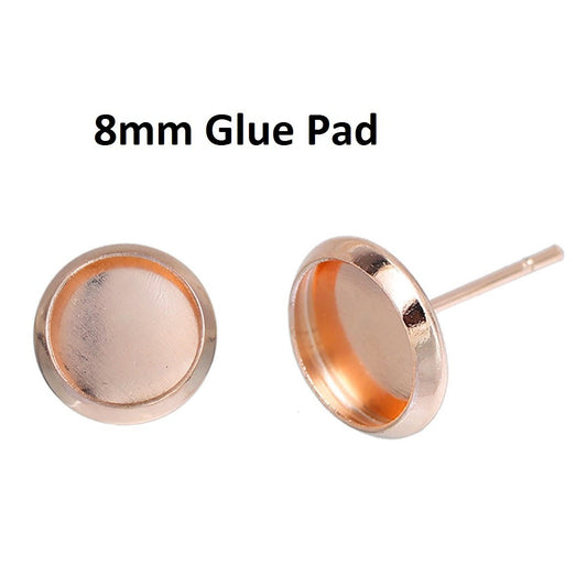 E108 - 10 pcs. Rose Gold Plated Earring Posts Studs Settings Bezels Cabochons Tacks- 8mm Glue Pad Setting