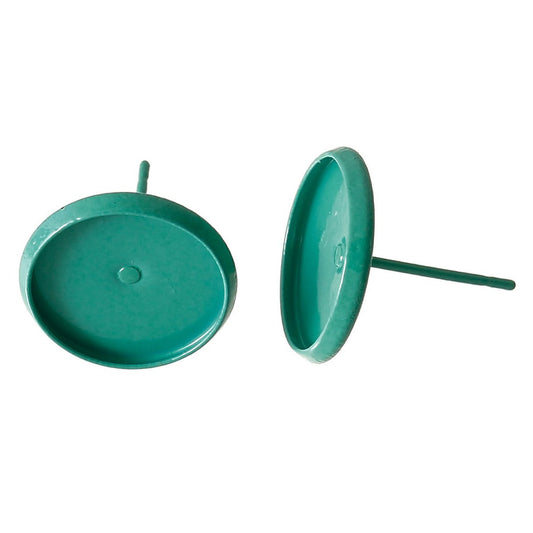 E219 - 50 pcs. Aqua Teal Earring Posts Studs Settings Bezels Cabochons Tacks- 12mm Glue Pad Setting