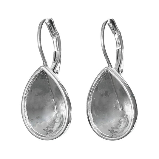 E246 - 2 pcs. (1 pair) Silver Tone Cone Teardrop Earring Clips Settings Lever Back Bezels Cabochons - 14mm x 10mm Glue Pad Setting - Cone