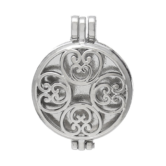 P287 - 2 pcs. Silver Tone Carved Round Heart Pattern Pendant Photo Picture Locket Box - 44mm x 33mm - Perfume Diffuser!