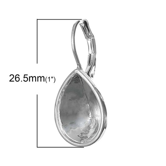 E246 - 2 pcs. (1 pair) Silver Tone Cone Teardrop Earring Clips Settings Lever Back Bezels Cabochons - 14mm x 10mm Glue Pad Setting - Cone